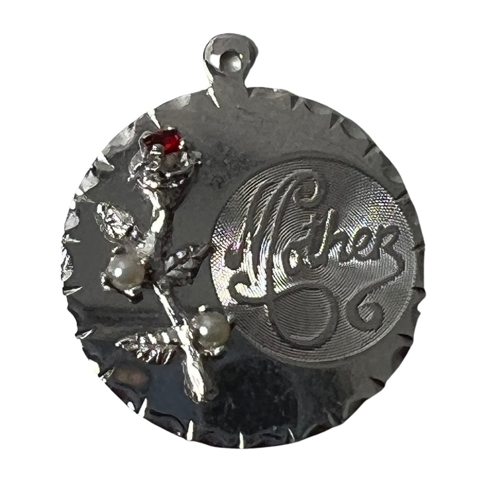 Vintage Silver Tone Red Rhinestone Mother Pendant